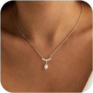 14K Gold Plated Pearl Pendant Necklace | Zircon Detail Choker | Elegant